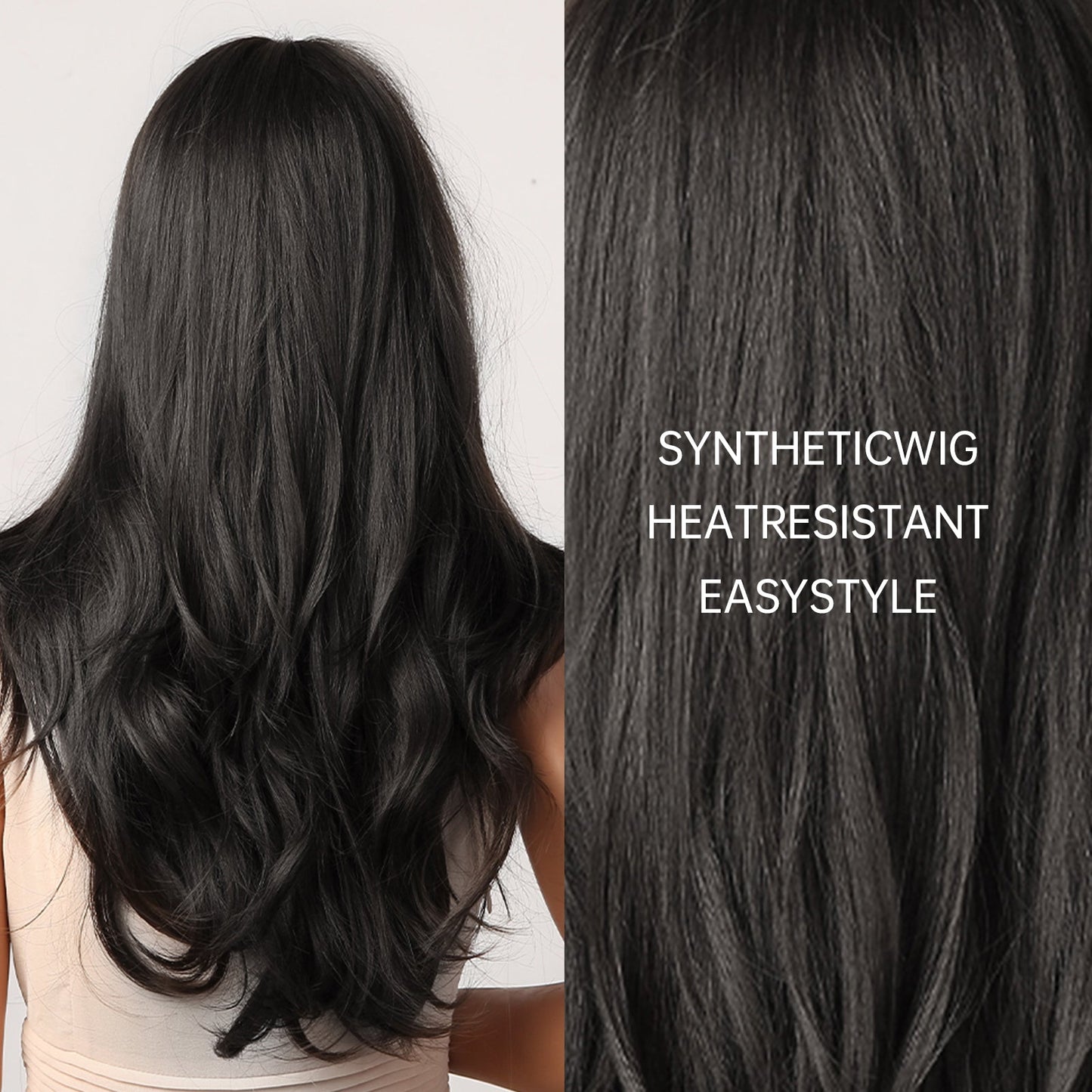 LC2051-1 26 Inches Long Curly BlackWigs with Bangs Synthetic Wigs Women's Wigs for Daily or Cosplay Use