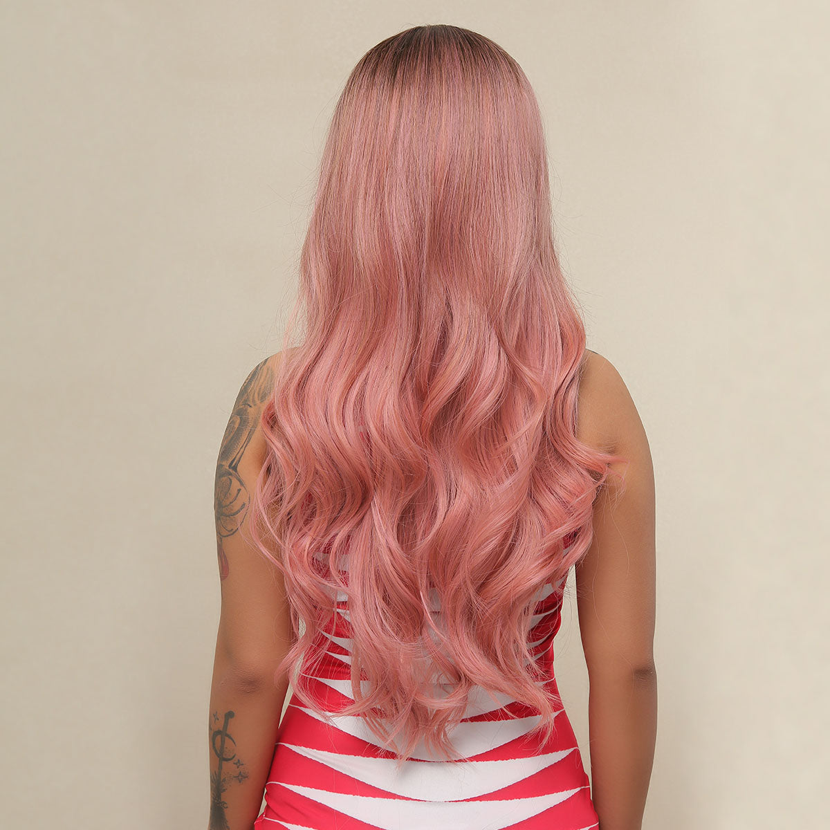 LC6018 Long curly wigs black ombre pink with bangs wigs for women for daily life