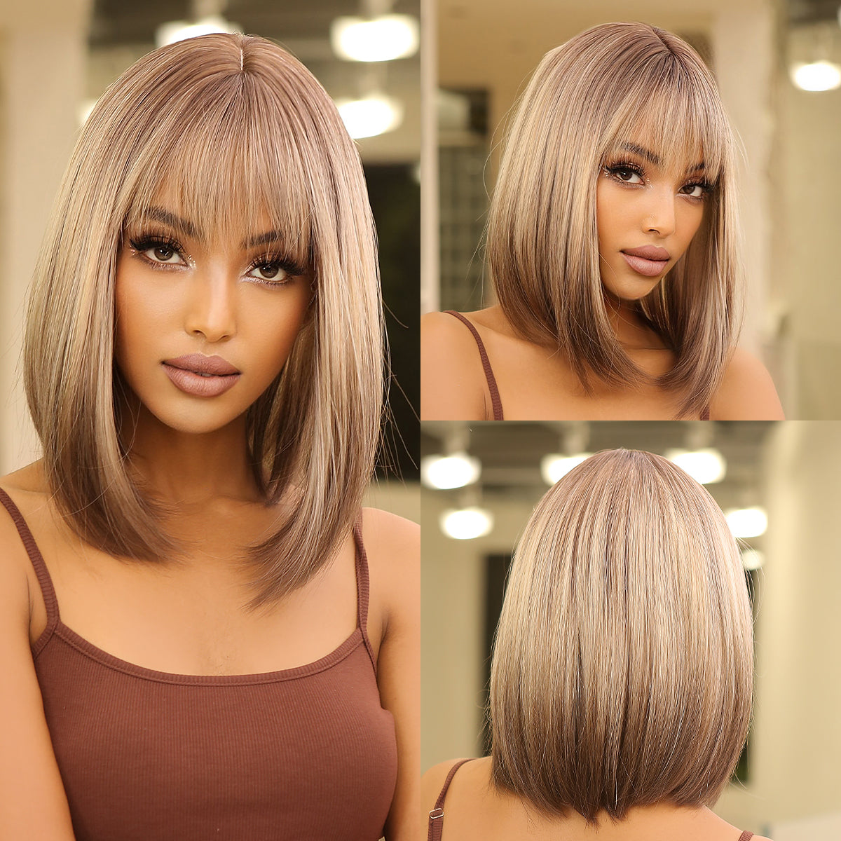 LC2067-1 16 inches ombre blonde hair shoulder length straight hair with bangs for women dailywear