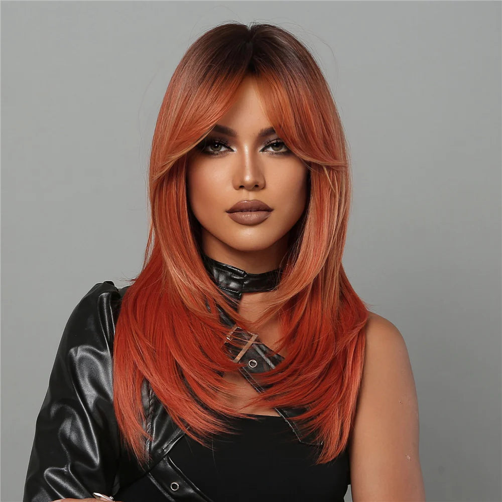 LC2068-2 22 Inches Long Straight Orange Ombre Black Layered Wigs Synthetic Wigs for Women for Daily or Cosplay Use