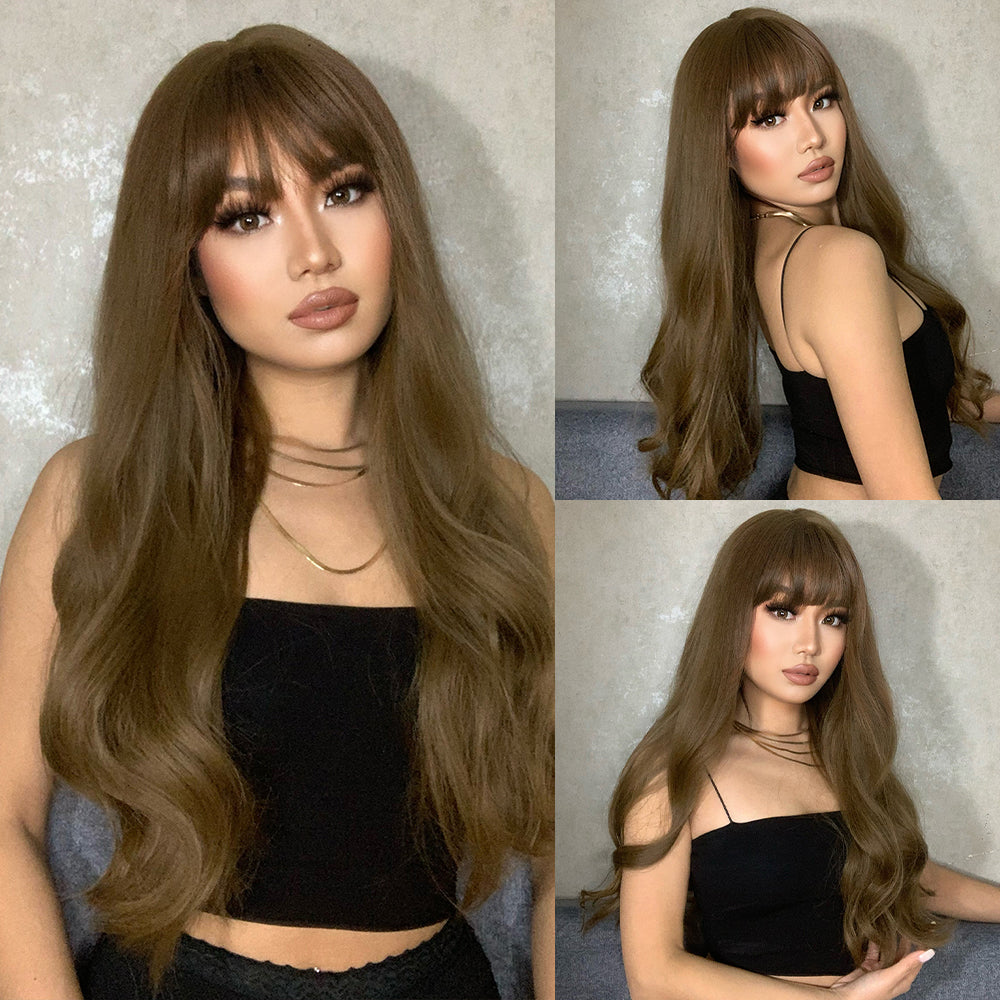 LC6103-1 Long curly wigs light brown with bangs wigs for women for daily life