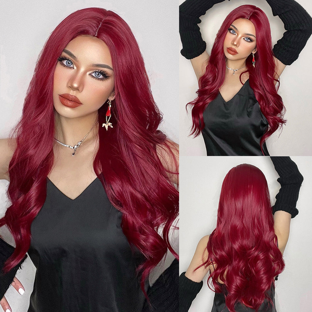 LC6144-1 24 Inches Long Curly Wine Red Wigs Synthetic Wigs Women's Wigs for Daily Use,Cosplay or Party Taking Photos