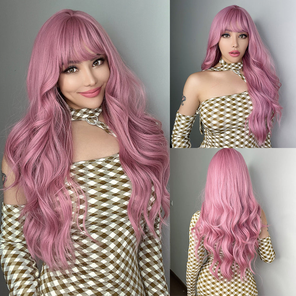 LC6124-1 24 Inches Long Curly Pink Wigs with Bangs and Black Roots Synthetic Wigs Women's Wigs for Daily or Cosplay Use