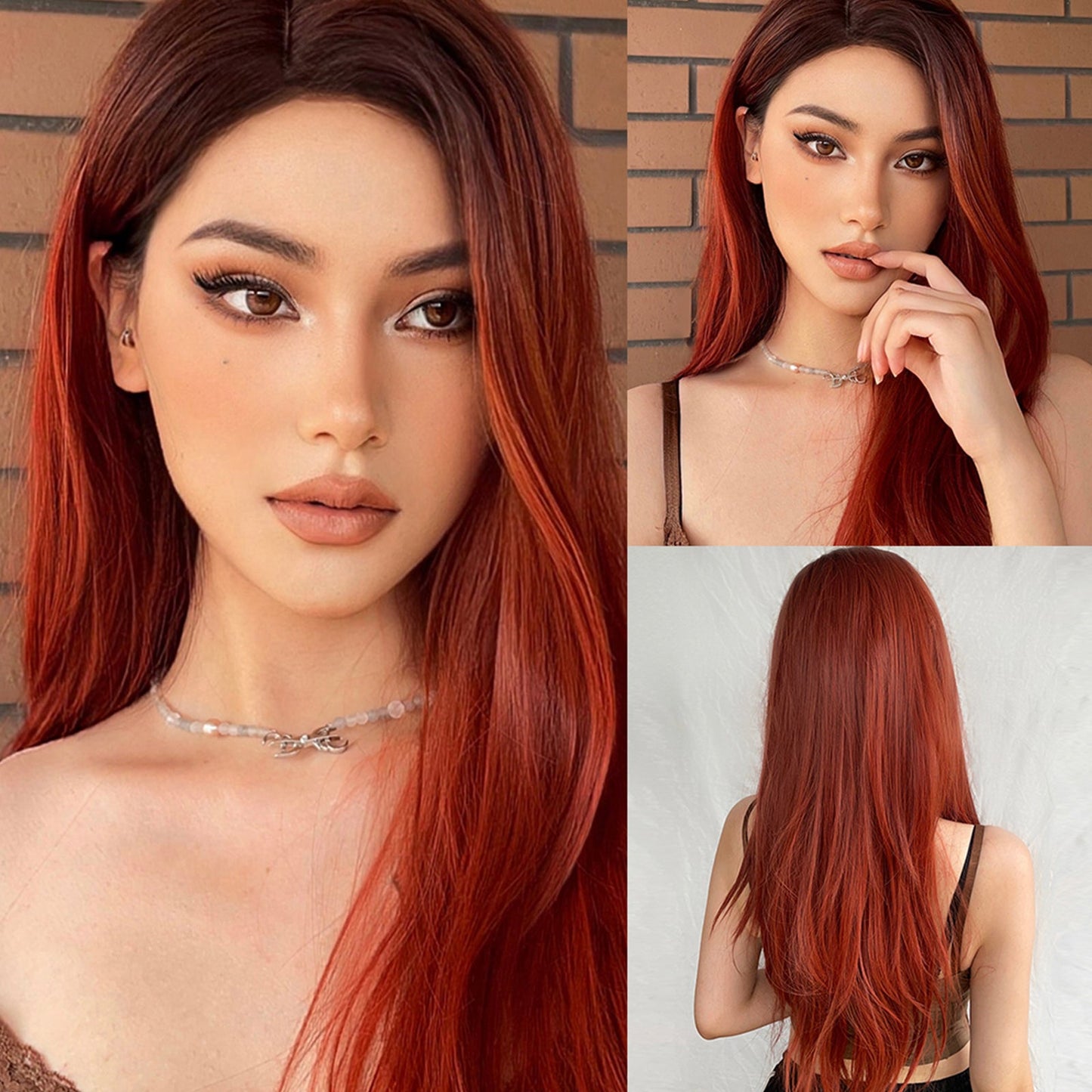WL1046-1 28 Inch Brown Ombre Red Long Straight wigs for Women