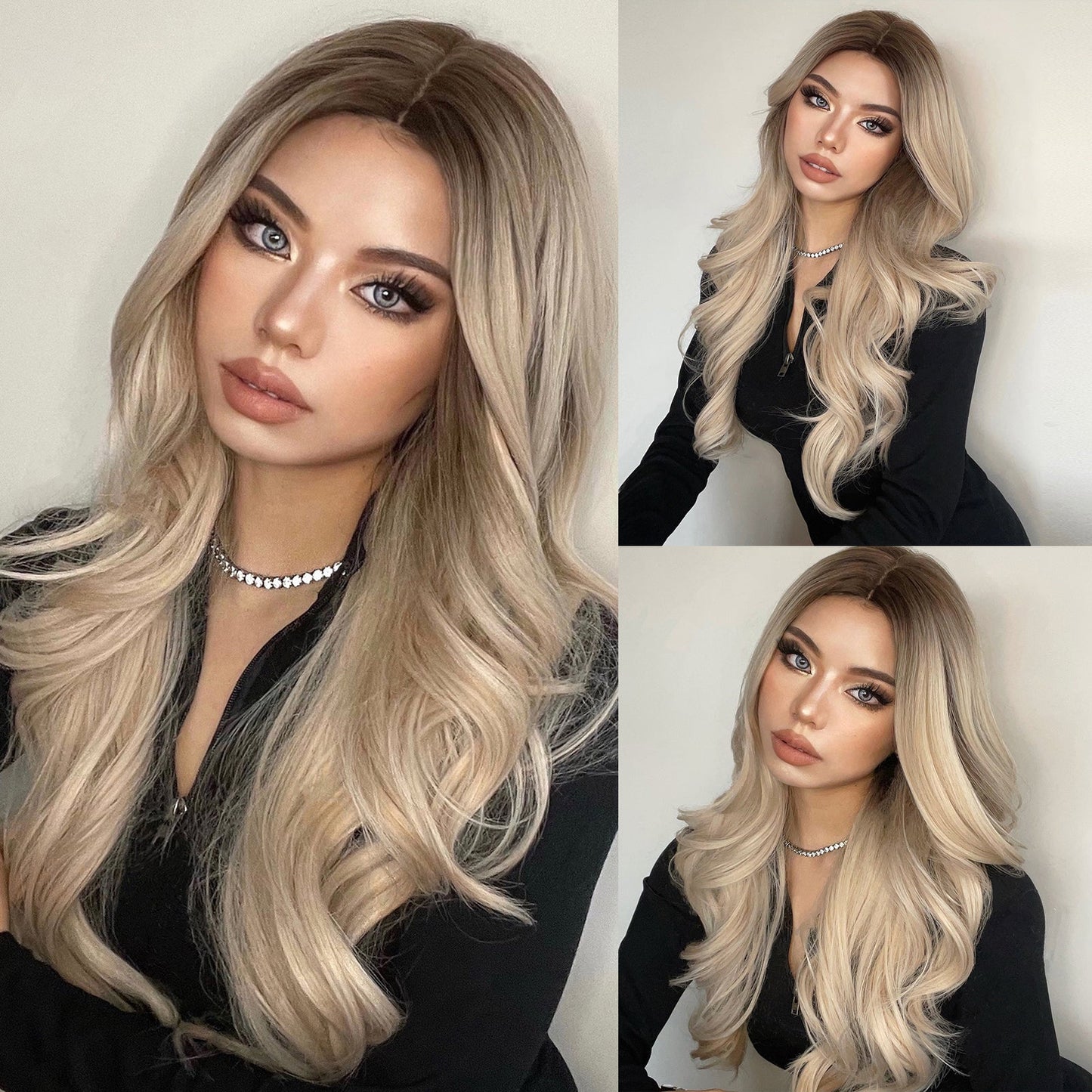 LC307-1 Long curly wigs black ombre blonde with middle bangs wigs for women for daily life