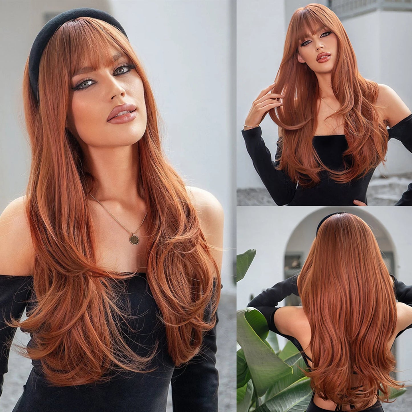 LC028-1 Long curly wigs orange with bangs wigs for women for daily life