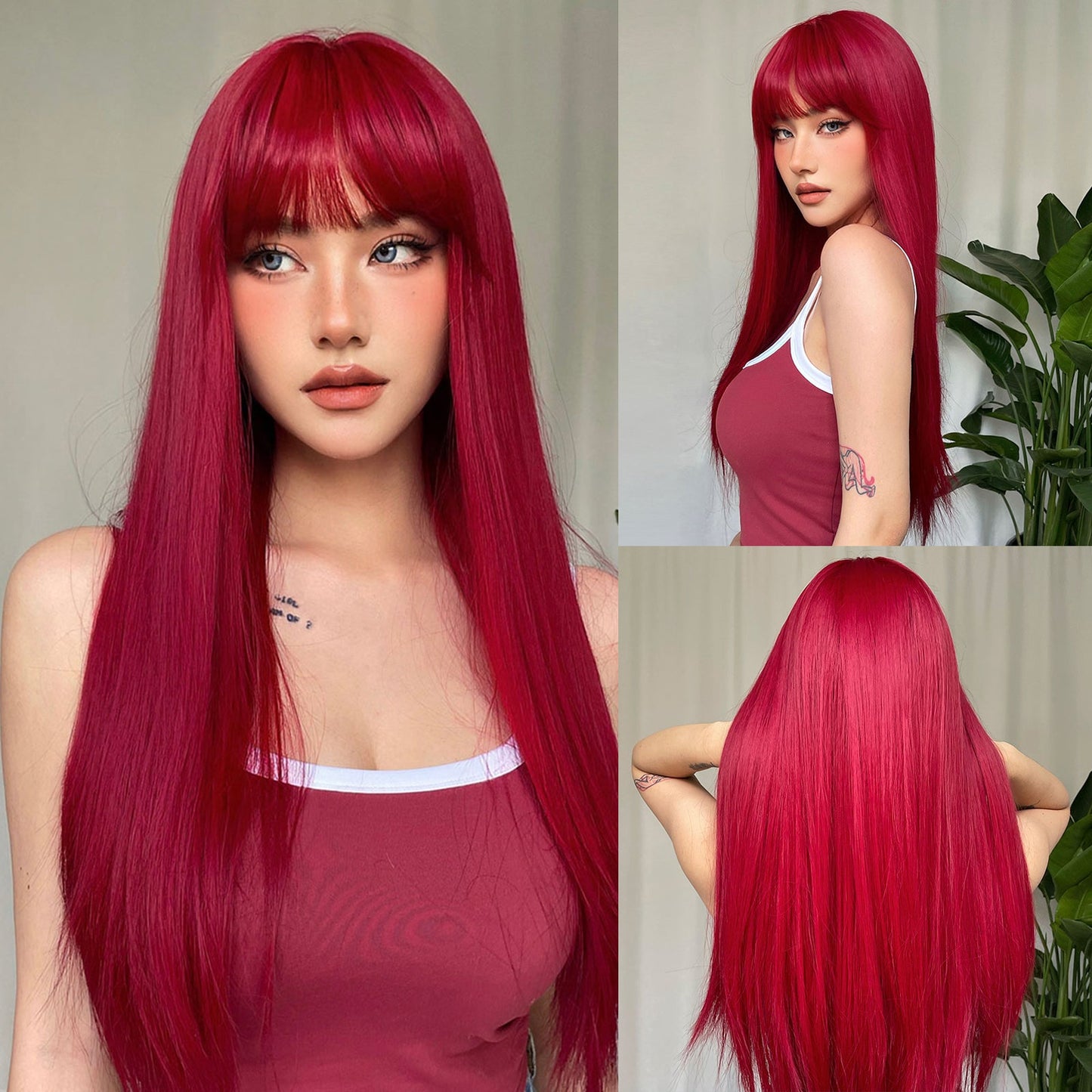 WL1084-1 18 Inch long straight wigs red with bangs wigs for women