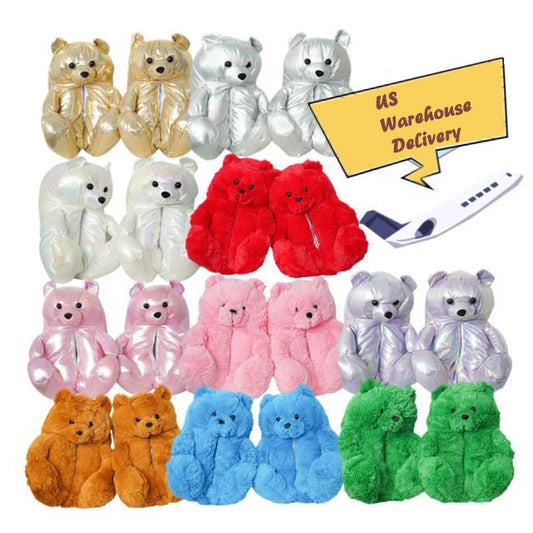 Put on bear inspired Custom 1:1 best-selling shoes,US Oversea cargo lovely winter gift for girls party teddy bear slippers