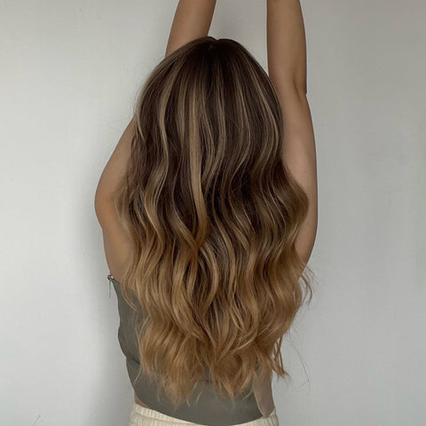 LC6090-1 24 Inches Long Curly Brown Ombre Blonde Wigs with Bangs Synthetic Wigs for Women Daily Use Party or Cosplay Taking Photos