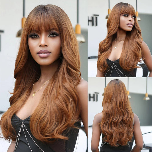 WL1113-3 26 Inches Long Curly Brown Wigs with Bangs and Black Roots Synthetic Wigs Women's Wigs for Daily or Cosplay Use