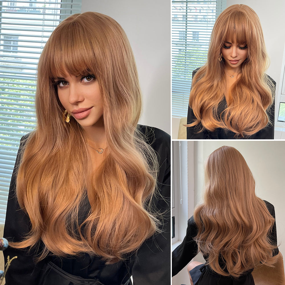 LC8010-1 24 Inches Long Curly Blonde Wigs with Bangs Synthetic Wigs Women's Wigs for Daily or Cosplay Use