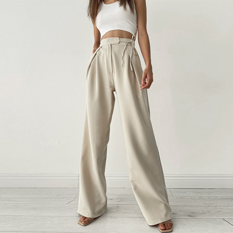 Apricot straps wide-legged pants female high waist drape ins solid color niche design sense home casual pants