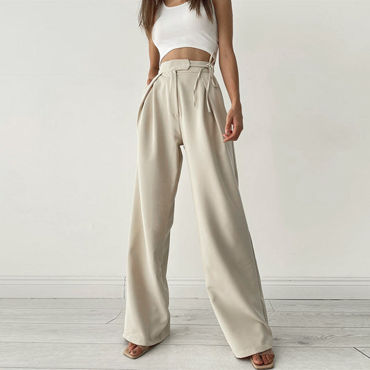 Apricot straps wide-legged pants female high waist drape ins solid color niche design sense home casual pants