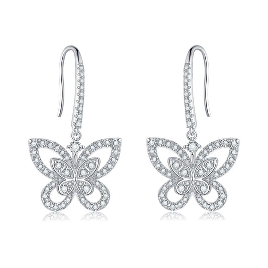 "FE-0049 Butterfly Moissanite Dangle Earrings/ 925 Sterling Silver/ D Color Ideal Cut/ VVS1 Clarity/Best Anniversary Gift/ Suits Every Occasion"