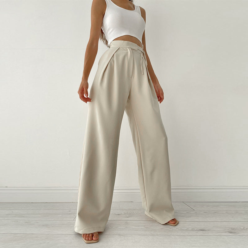 Apricot straps wide-legged pants female high waist drape ins solid color niche design sense home casual pants