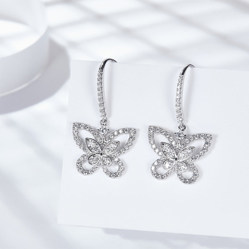 "FE-0049 Butterfly Moissanite Dangle Earrings/ 925 Sterling Silver/ D Color Ideal Cut/ VVS1 Clarity/Best Anniversary Gift/ Suits Every Occasion"