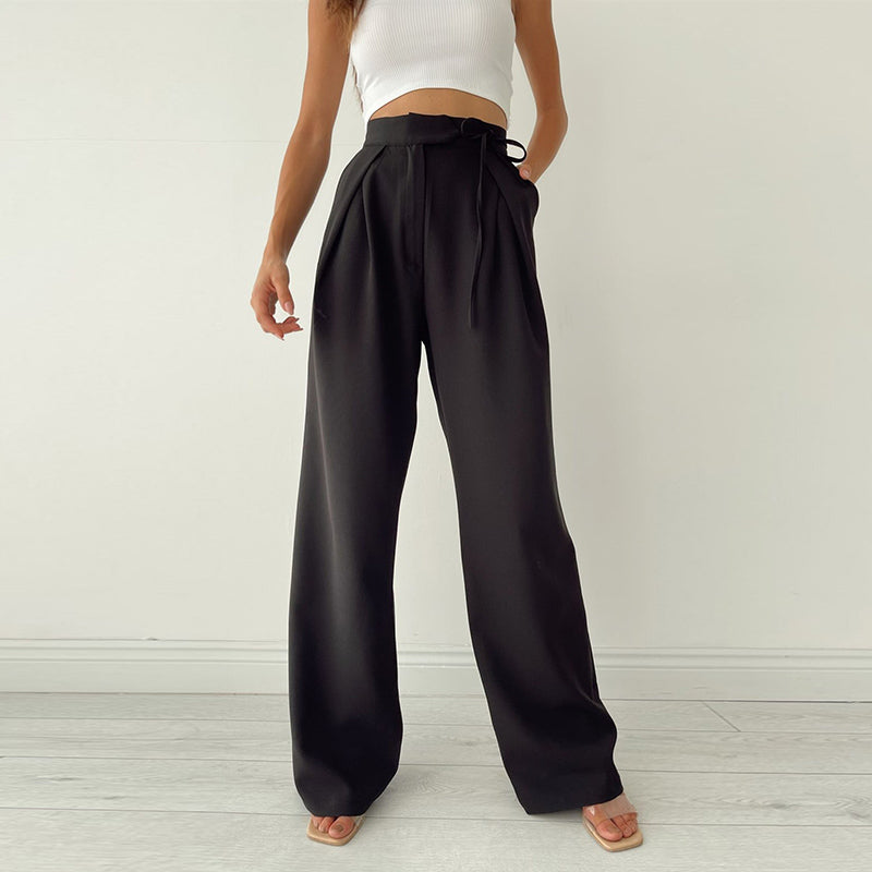 Apricot straps wide-legged pants female high waist drape ins solid color niche design sense home casual pants