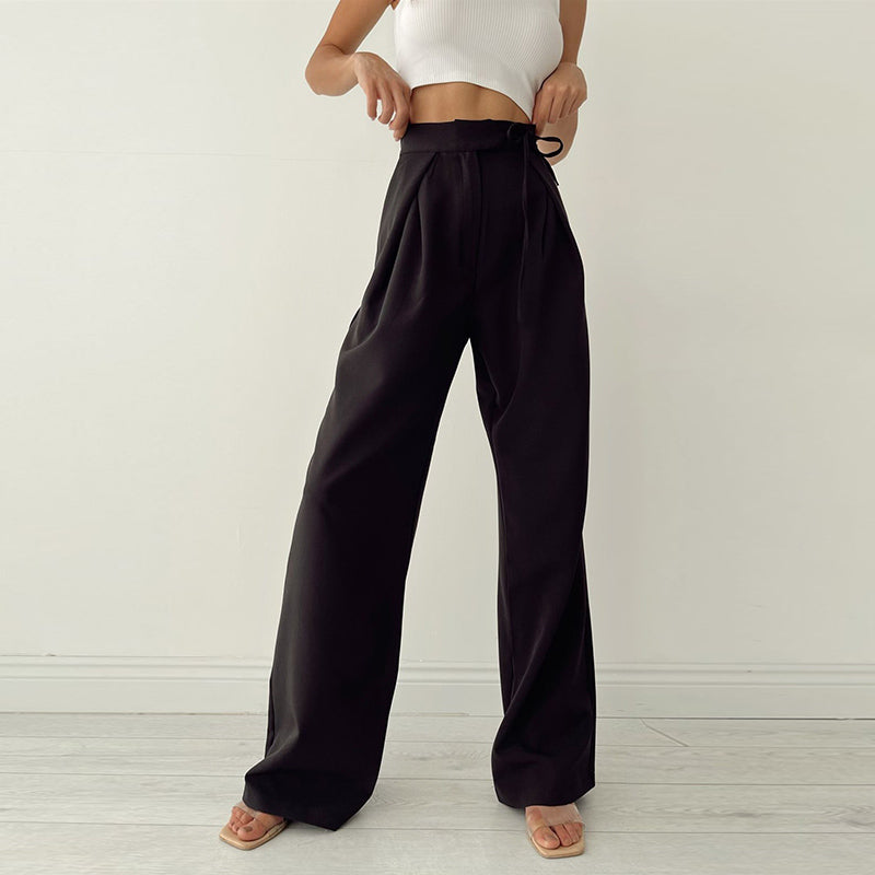 Apricot straps wide-legged pants female high waist drape ins solid color niche design sense home casual pants