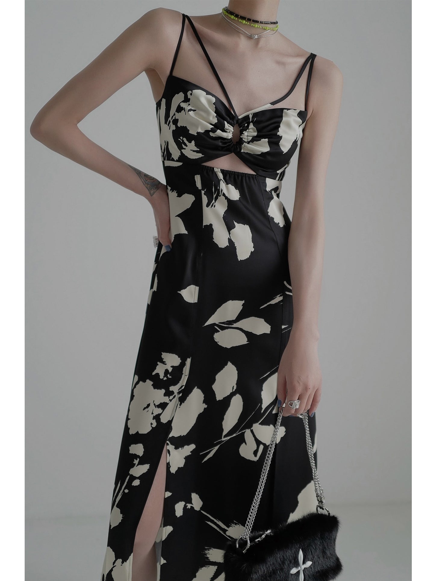 Printed pleated camisole dress