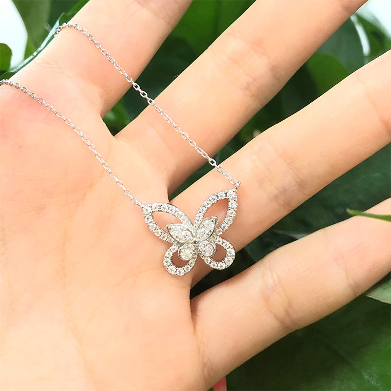 "FN-0031 Round Brilliant Cut Butterfly Moissanite Necklace/ 925 Sterling Silver/ D Color Ideal Cut/ VVS1 Clarity/Best Anniversary Gift/ Suits Every Occasion"