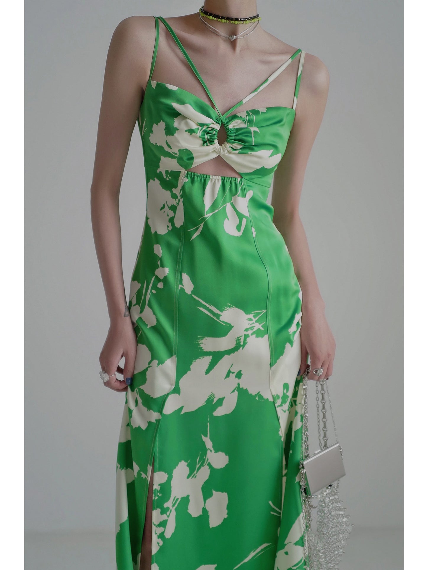 Printed pleated camisole dress