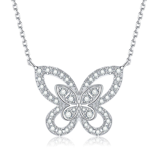 "FN-0031 Round Brilliant Cut Butterfly Moissanite Necklace/ 925 Sterling Silver/ D Color Ideal Cut/ VVS1 Clarity/Best Anniversary Gift/ Suits Every Occasion"