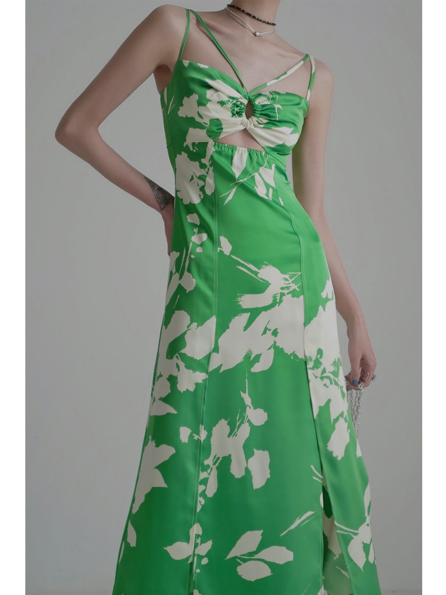 Printed pleated camisole dress