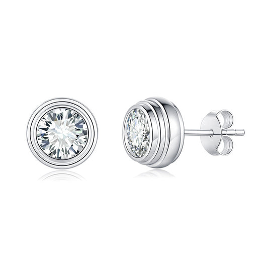 "FE-0013 1CT Bezel-Set Round Brilliant Cut Moissanite Stud Earrings/ 925 Sterling Silver/ D Color Ideal Cut/ VVS1 Clarity/Best Anniversary Gift/ Suits Every Occasion"