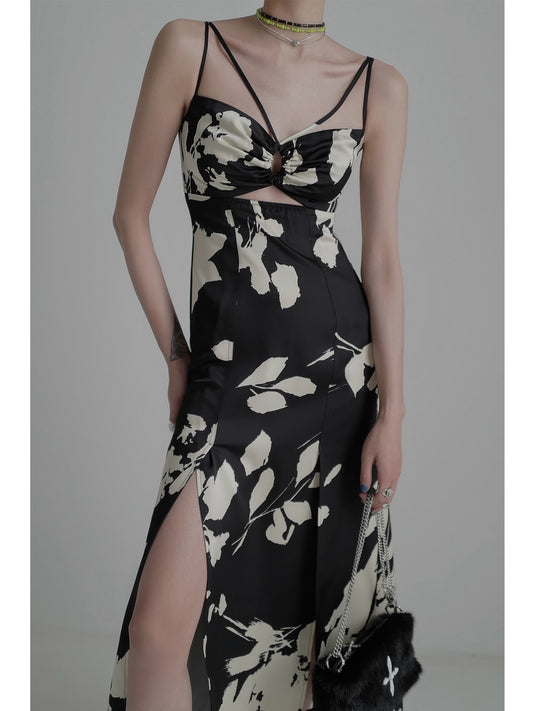 Printed pleated camisole dress