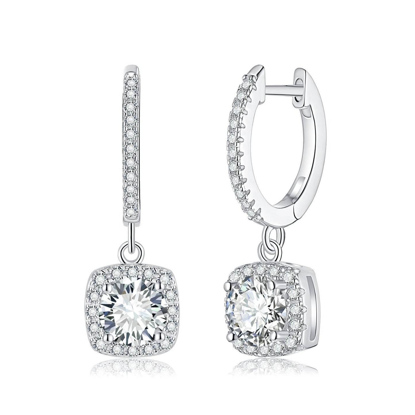 "FE-0019 1CT Halo Square Moissanite Leverback Earrings/ 925 Sterling Silver/ D Color Ideal Cut/ VVS1 Clarity/Best Anniversary Gift/ Suits Every Occasion"