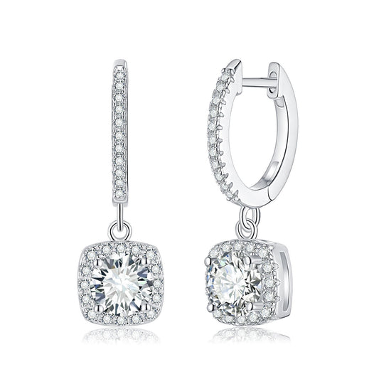 "FE-0019 1CT Halo Square Moissanite Leverback Earrings/ 925 Sterling Silver/ D Color Ideal Cut/ VVS1 Clarity/Best Anniversary Gift/ Suits Every Occasion"