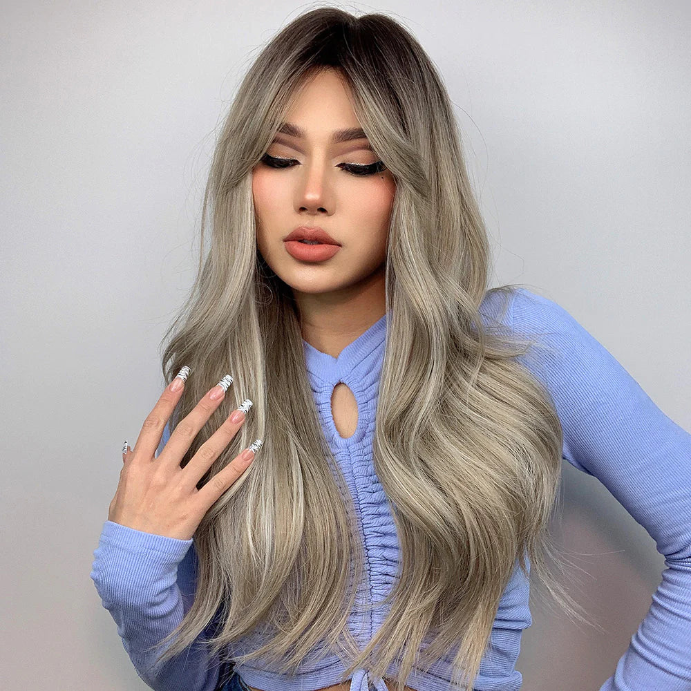 LC457-1  Long curly wigs black ombre blonde with bangs wigs for women for daily life