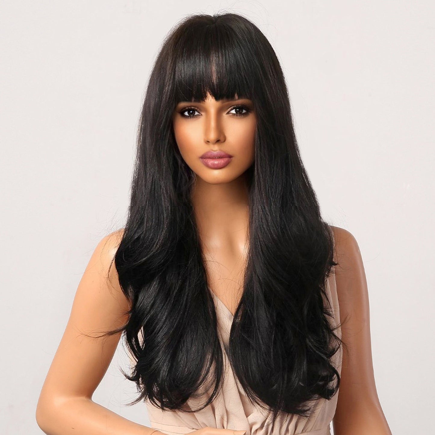 LC2051-1 26 Inches Long Curly BlackWigs with Bangs Synthetic Wigs Women's Wigs for Daily or Cosplay Use