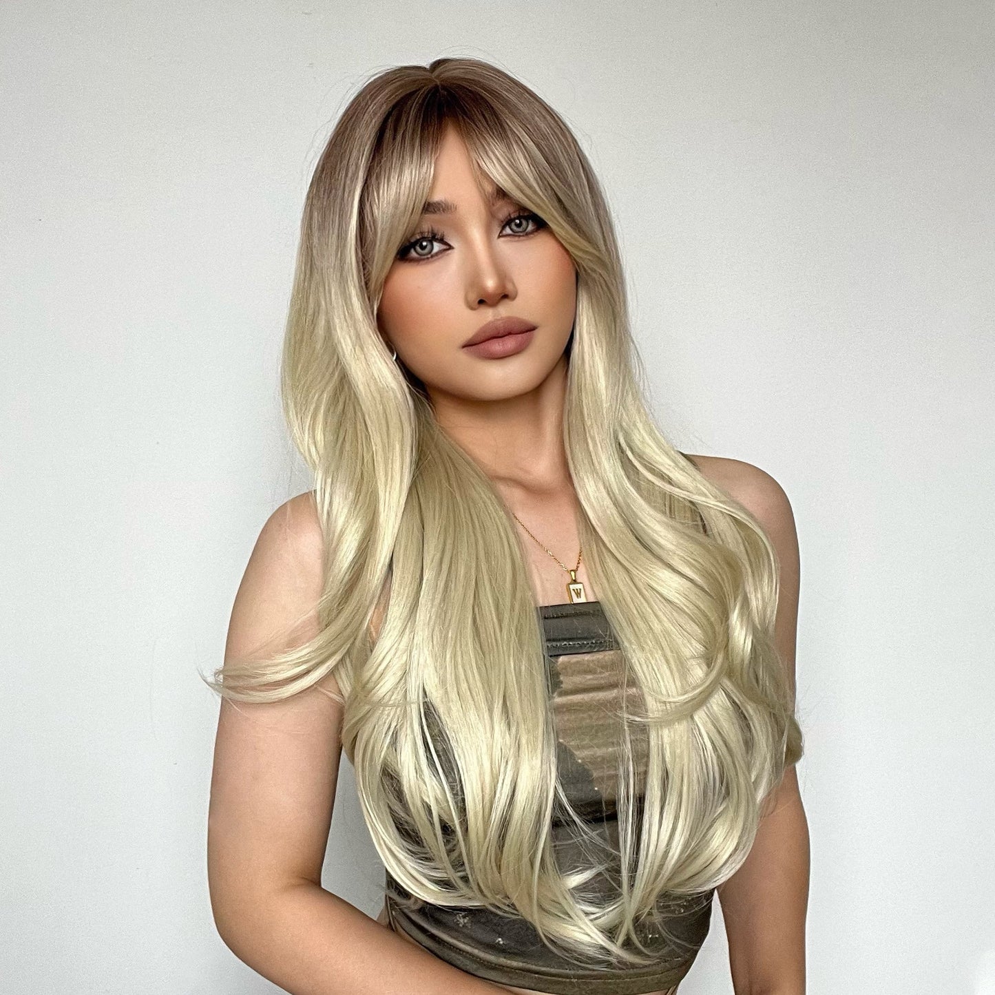 LC018-1 26 Inches Long Curly  Blonde Wigs with Bangs Wigs for Women Daily or Cosplay Use