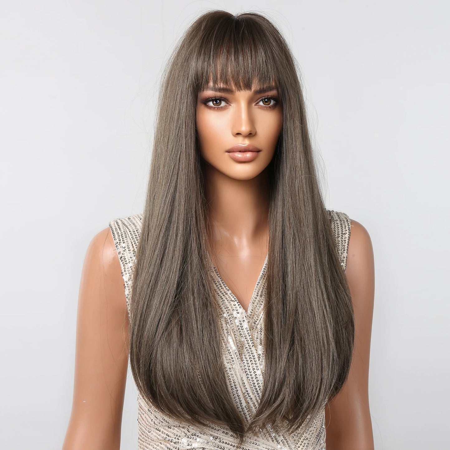 LC2096-1 28-inch Long Straight Black ombre grey Wigs for Women Straight Wigs with bangs wigs