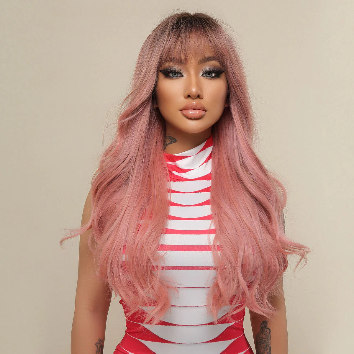 LC6018 Long curly wigs black ombre pink with bangs wigs for women for daily life