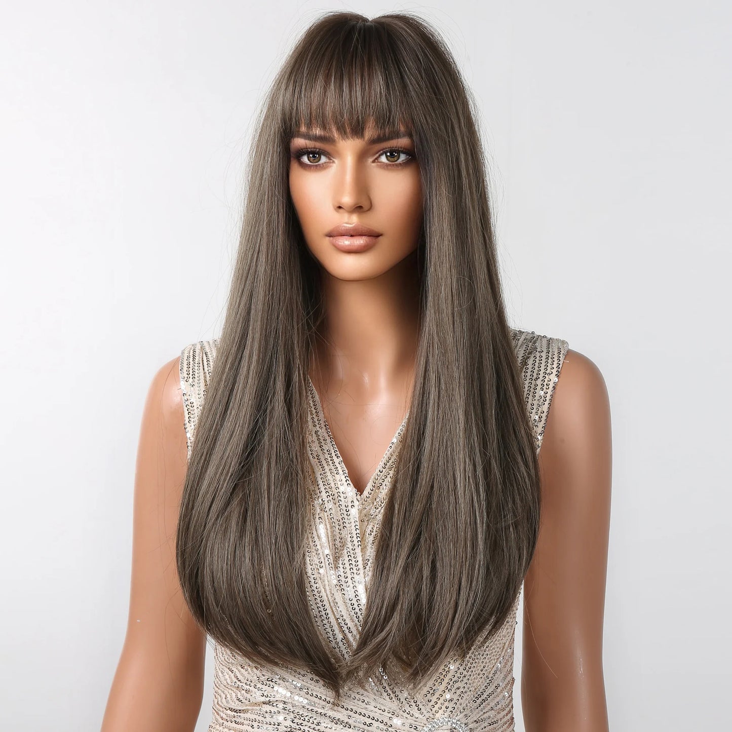LC2096-1 28-inch Long Straight Black ombre grey Wigs for Women Straight Wigs with bangs wigs