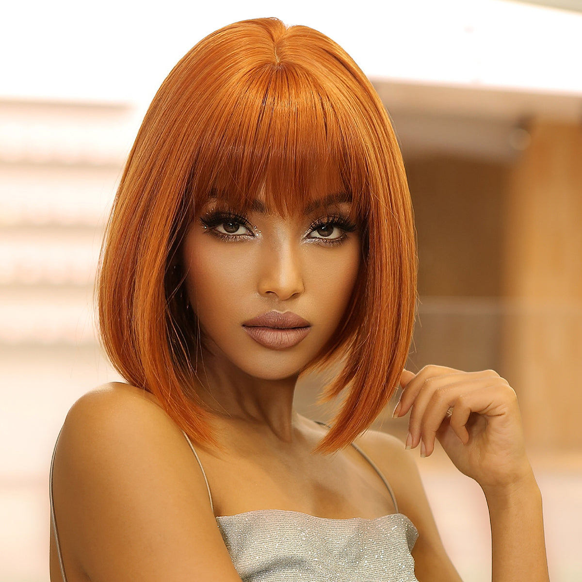 LC2071-3 short straight bobo wigs orange with bangs wigs for women for daily life