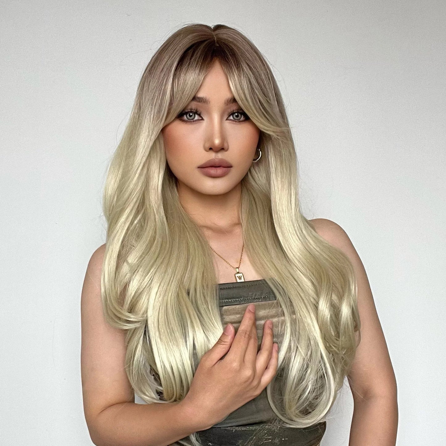 LC018-1 26 Inches Long Curly  Blonde Wigs with Bangs Wigs for Women Daily or Cosplay Use