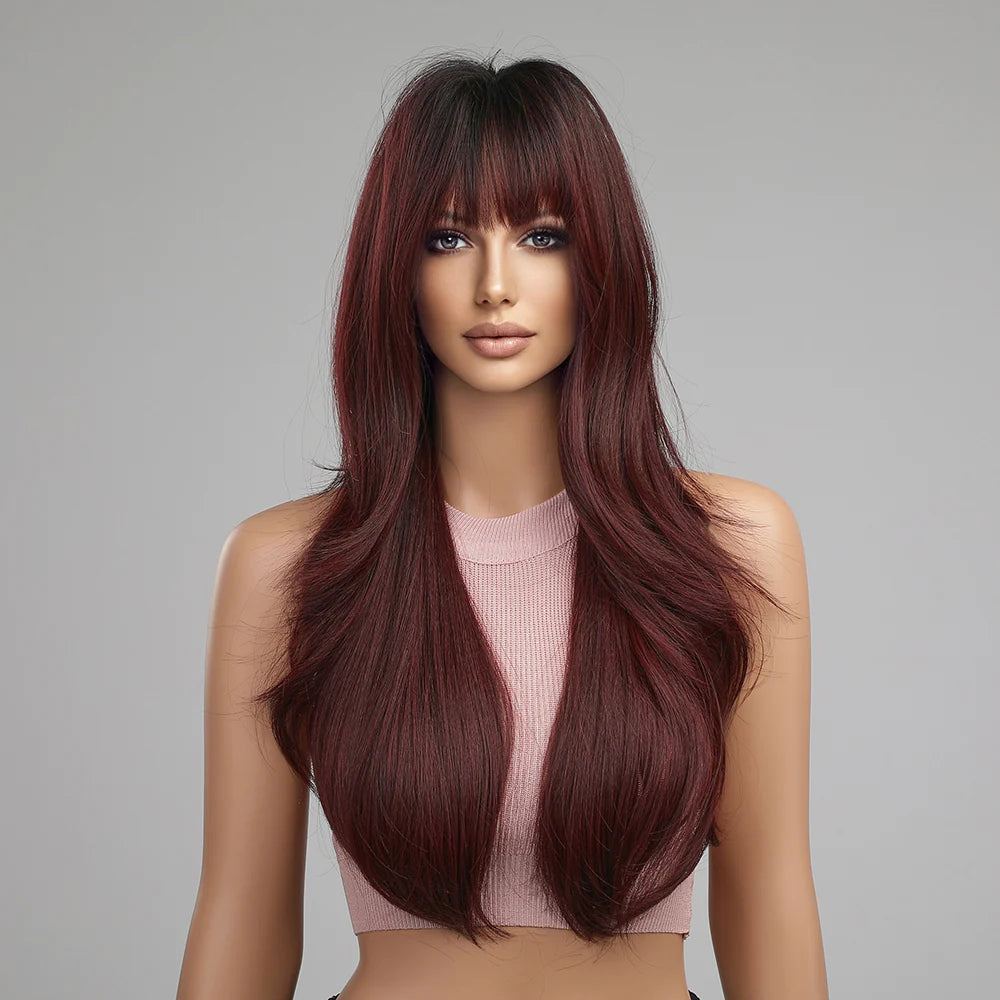 LC8074-1 26 Inches Long Curly Wine Red Wigs with Bangs Synthetic Wigs Women's Wigs for Daily or Cosplay Use