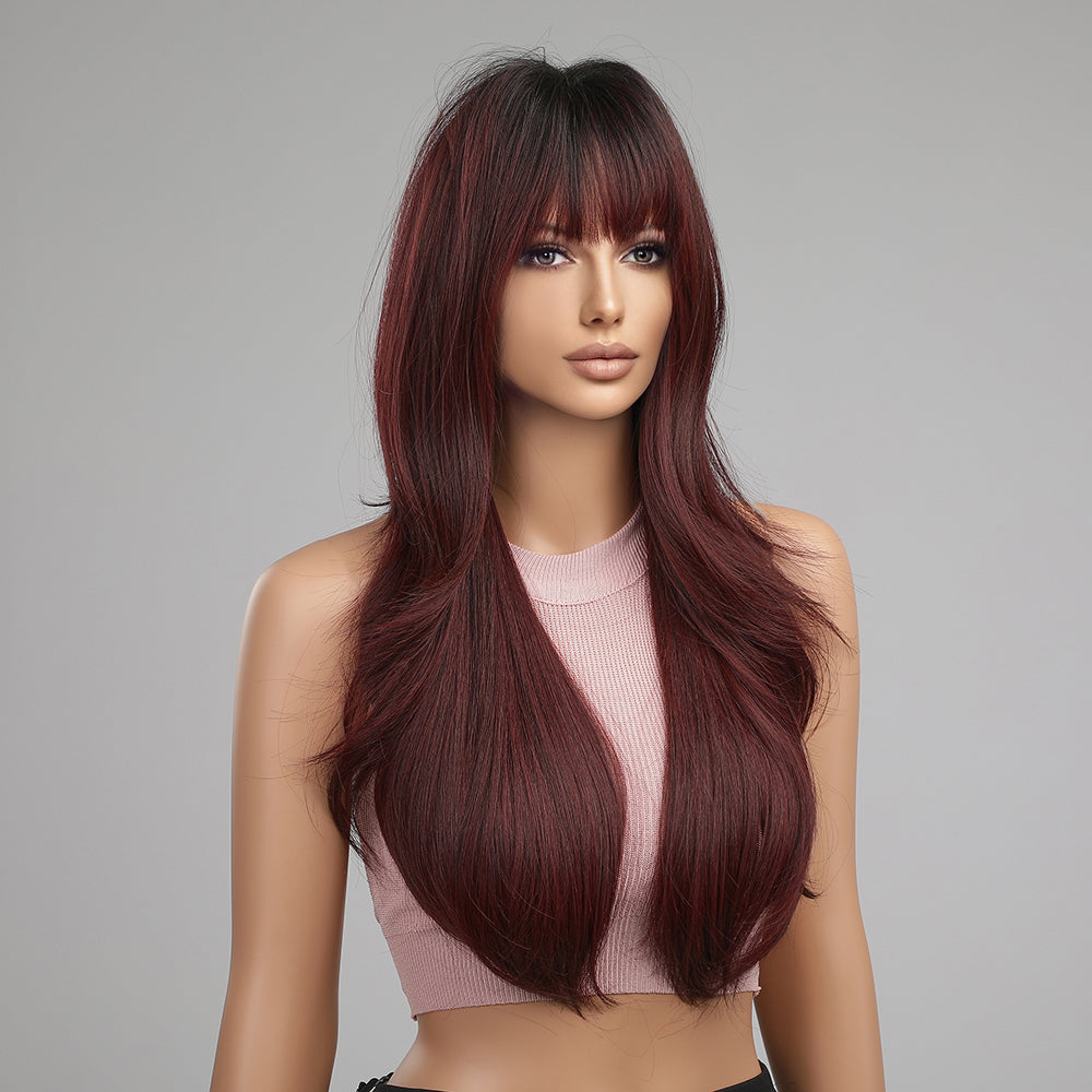LC8074-1 26 Inches Long Curly Wine Red Wigs with Bangs Synthetic Wigs Women's Wigs for Daily or Cosplay Use