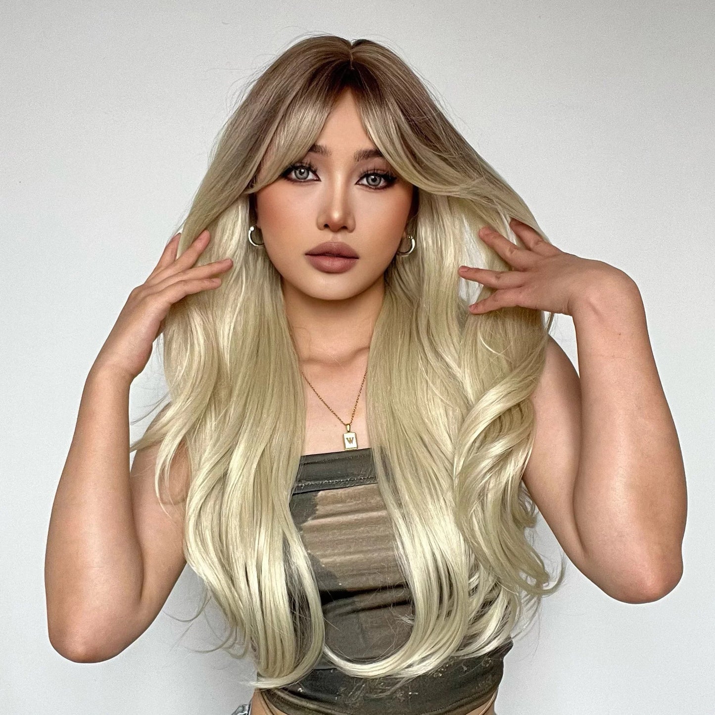 LC018-1 26 Inches Long Curly  Blonde Wigs with Bangs Wigs for Women Daily or Cosplay Use