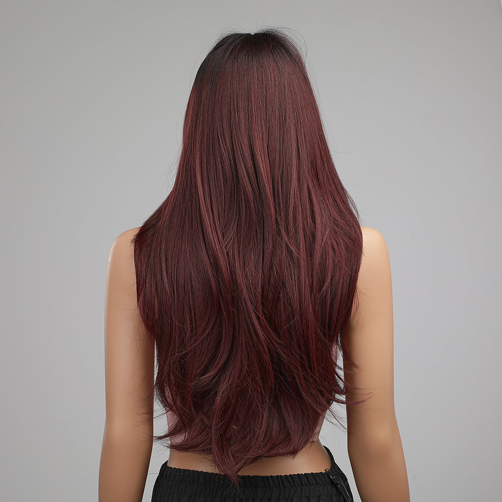 LC8074-1 26 Inches Long Curly Wine Red Wigs with Bangs Synthetic Wigs Women's Wigs for Daily or Cosplay Use